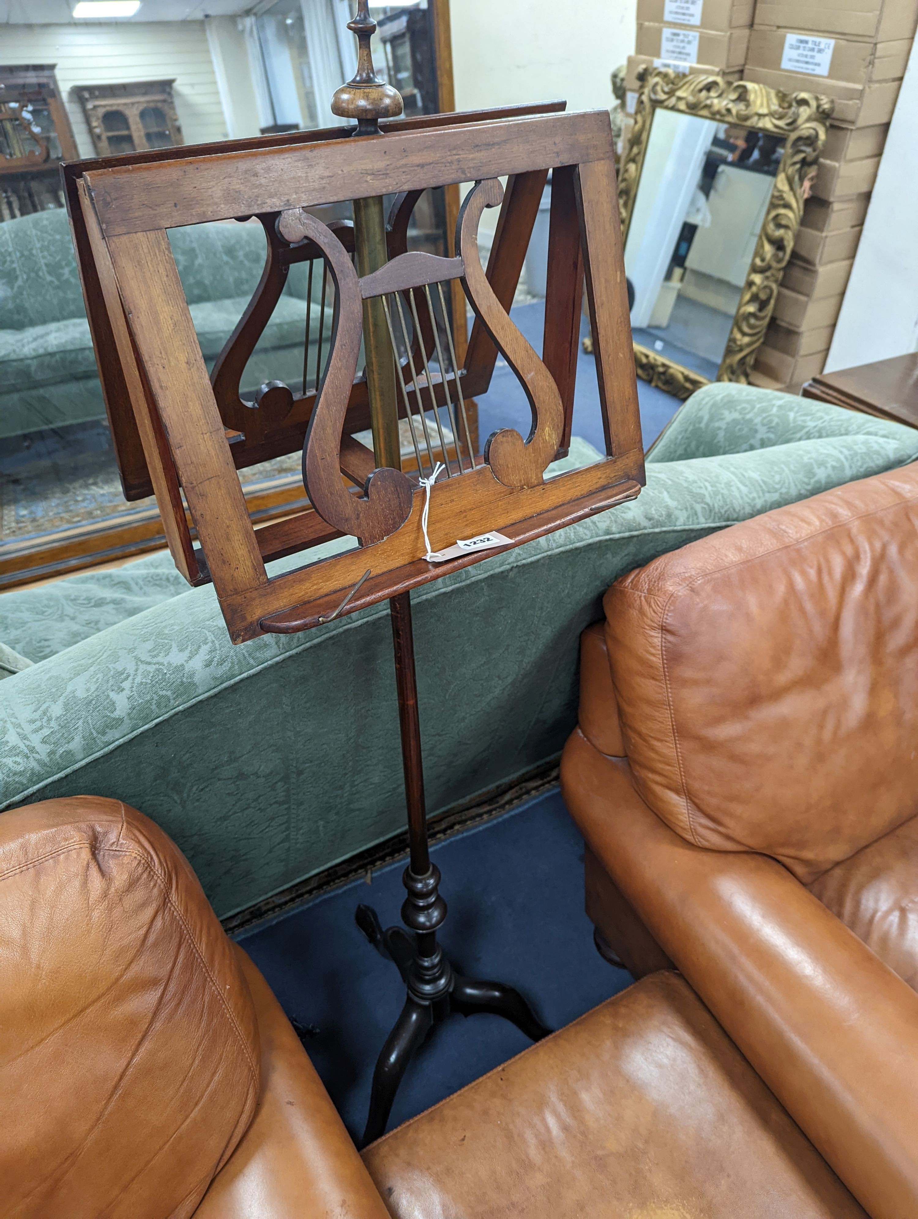 A Victorian mahogany tripod duet music stand, height 145cm